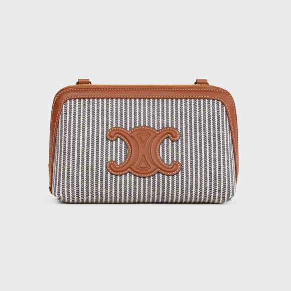 Celine Clutch on Chain Triomphe - Striped Navy Blue Textile & Calfskin Leather - Picture 2 of 6